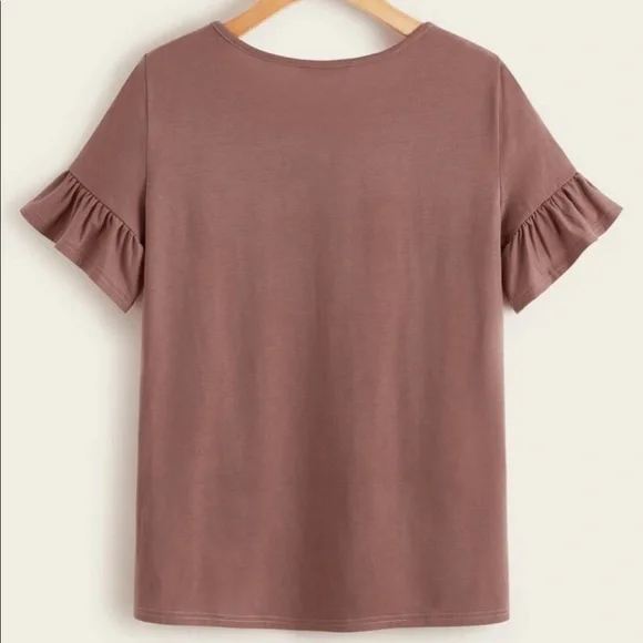 Ruffle Sleeve Solid Tee (Color : Redwood) - Picture 1 of 3